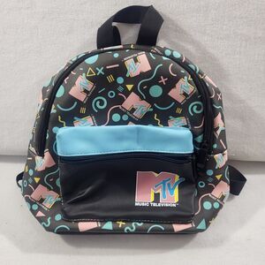 MTV Music Television Mini Backpack w/Zip Pocket Black Multi 10.5" Faux Leather